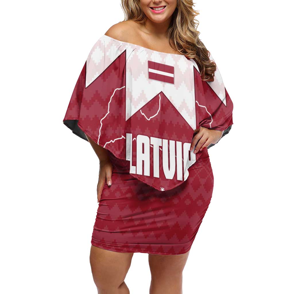 Latvia Off Shoulder Short Dress with National Coat of Arms and Knit Pattern – Three Stars One Heart Design
