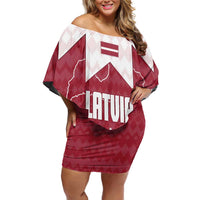 Latvia Off Shoulder Short Dress with National Coat of Arms and Knit Pattern – Three Stars One Heart Design