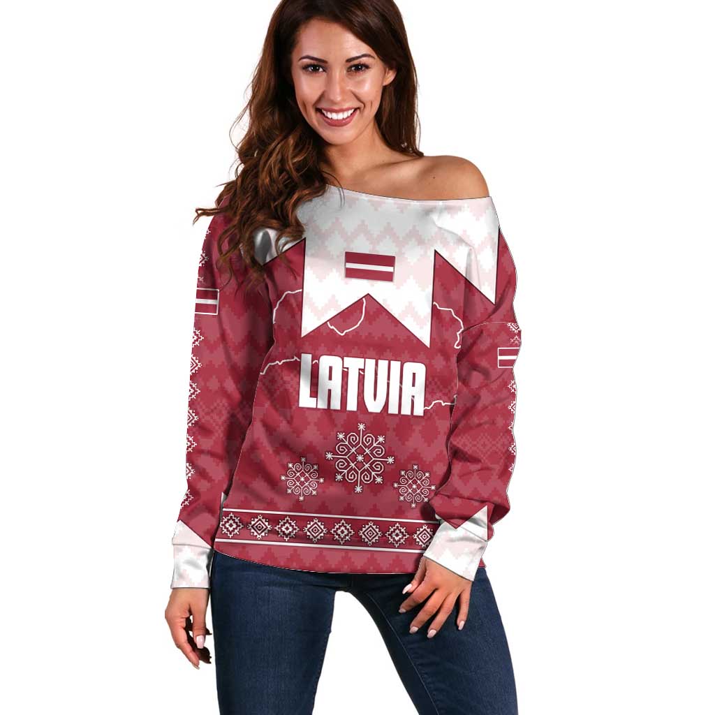 Latvia Off Shoulder Sweater with National Coat of Arms and Knit Pattern – Three Stars One Heart Design