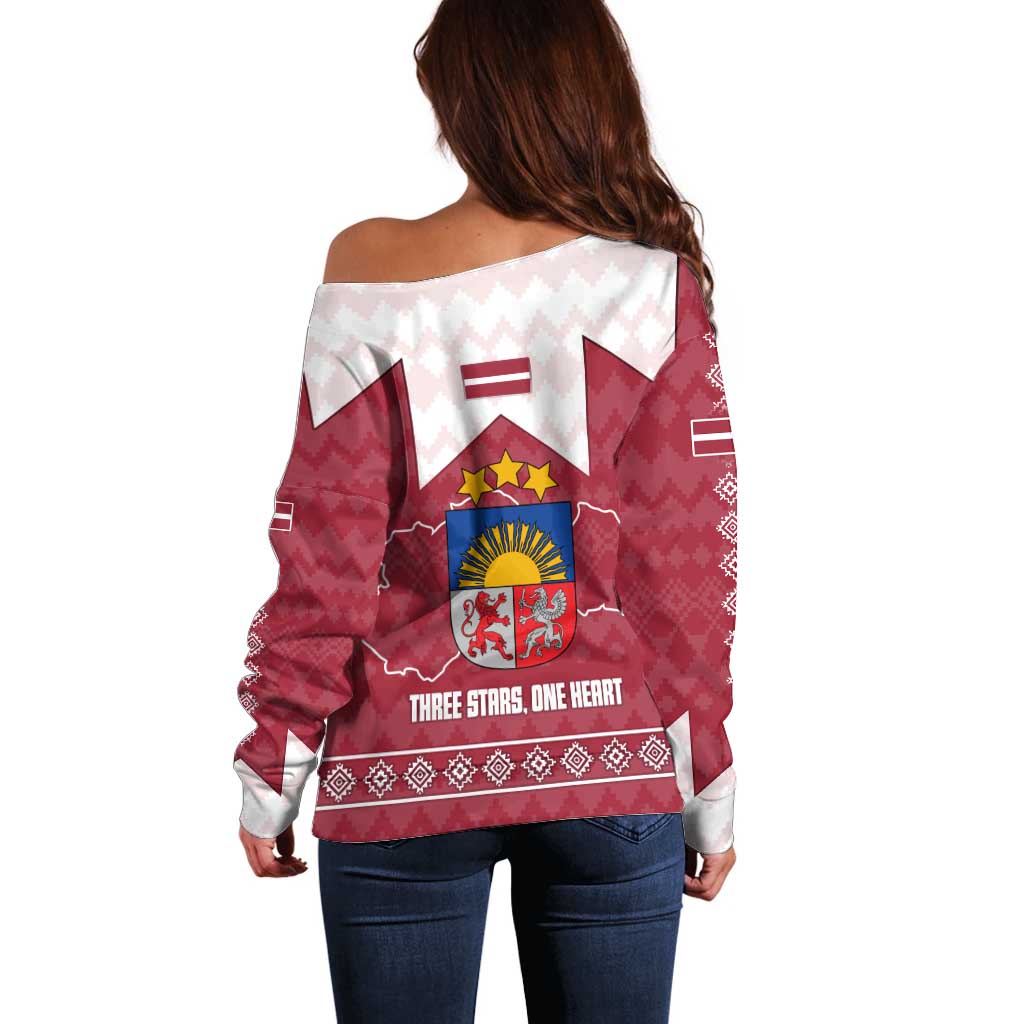 Latvia Off Shoulder Sweater with National Coat of Arms and Knit Pattern – Three Stars One Heart Design