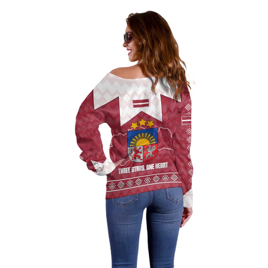 Latvia Off Shoulder Sweater with National Coat of Arms and Knit Pattern – Three Stars One Heart Design