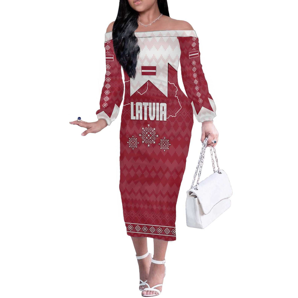 Latvia Off The Shoulder Long Sleeve Dress with National Coat of Arms and Knit Pattern – Three Stars One Heart Design