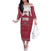 Latvia Off The Shoulder Long Sleeve Dress with National Coat of Arms and Knit Pattern – Three Stars One Heart Design