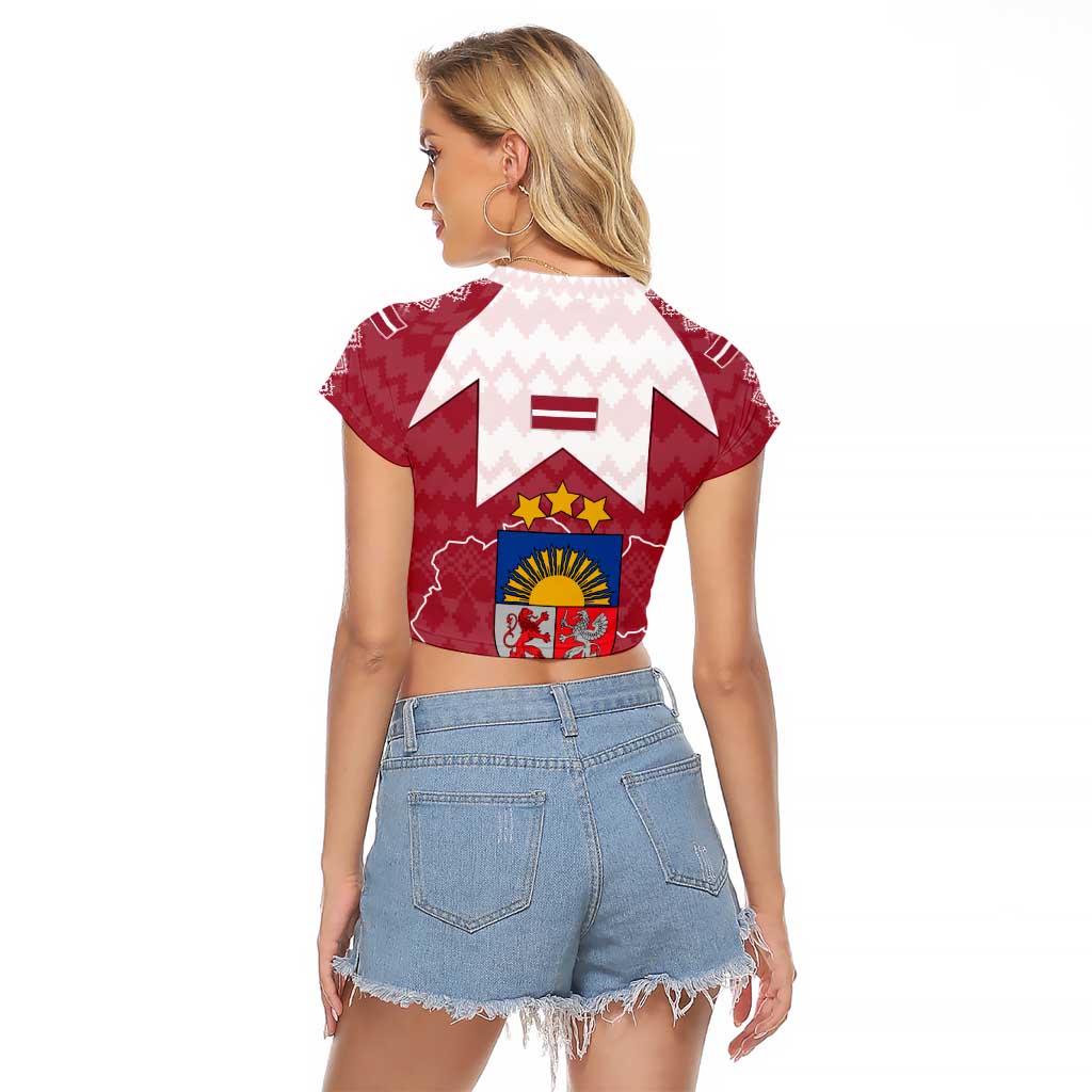 Latvia Raglan Cropped T Shirt with National Coat of Arms and Knit Pattern – Three Stars One Heart Design