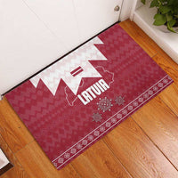 Latvia Rubber Doormat with National Coat of Arms and Knit Pattern – Three Stars One Heart Design