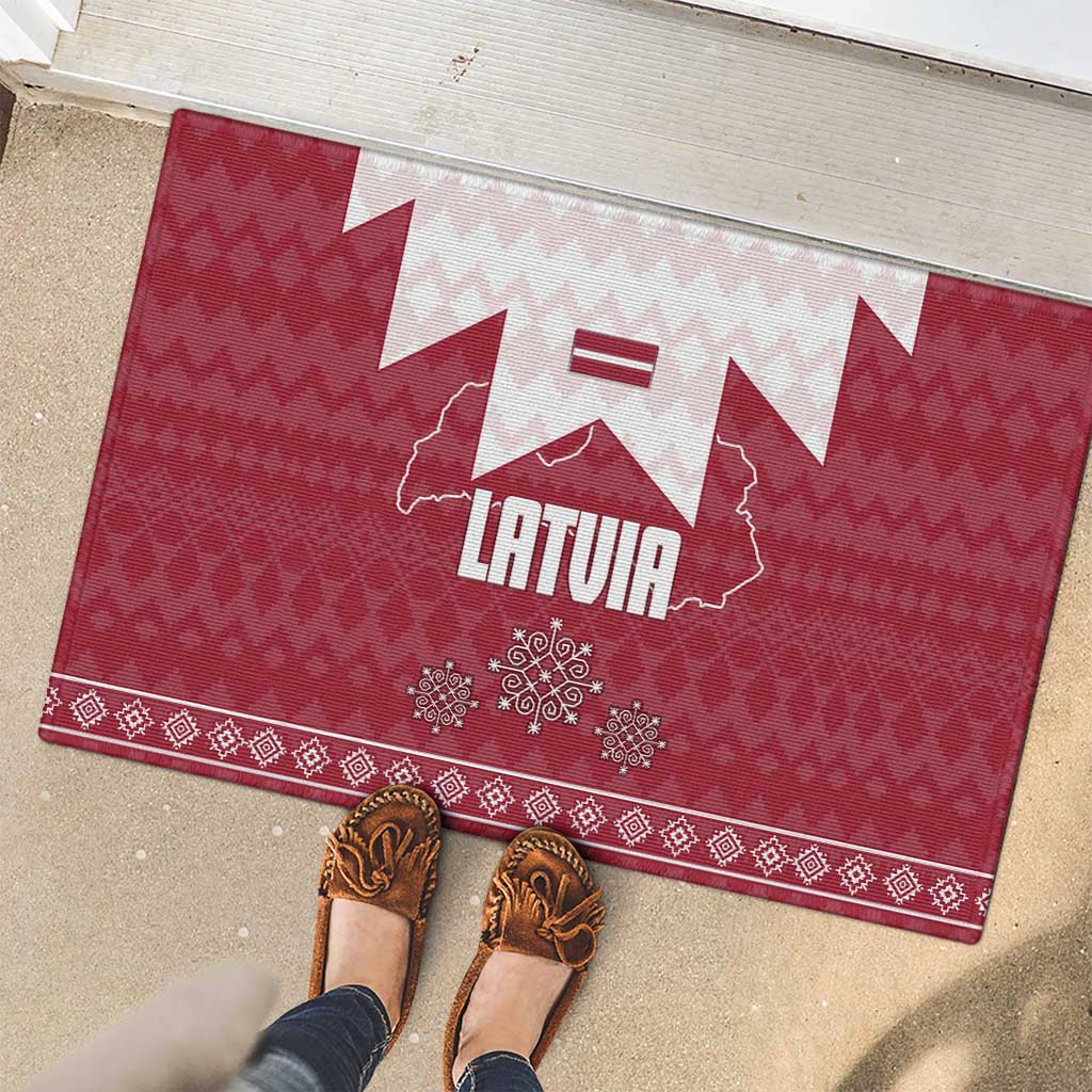 Latvia Rubber Doormat with National Coat of Arms and Knit Pattern – Three Stars One Heart Design