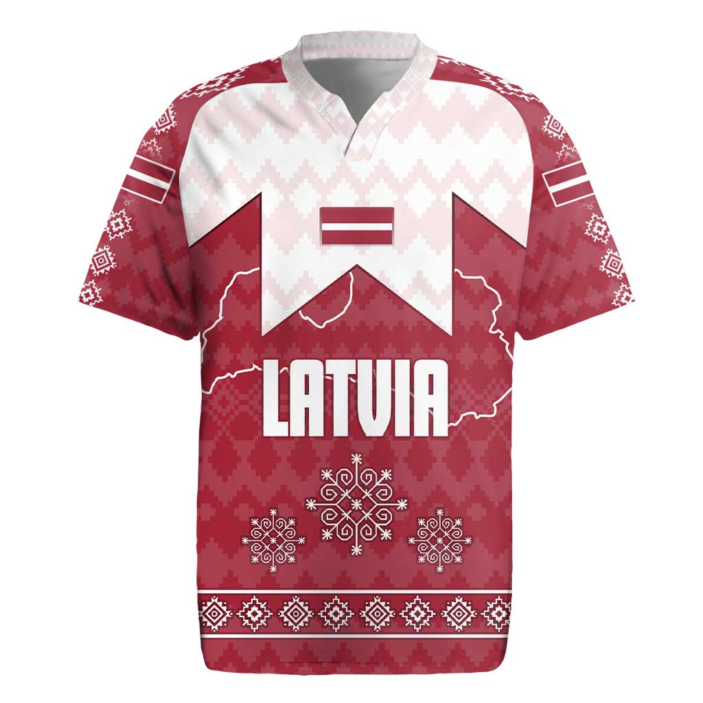 Latvia Rugby Jersey with National Coat of Arms and Knit Pattern – Three Stars One Heart Design