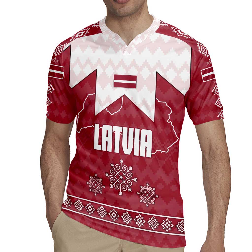 Latvia Rugby Jersey with National Coat of Arms and Knit Pattern – Three Stars One Heart Design