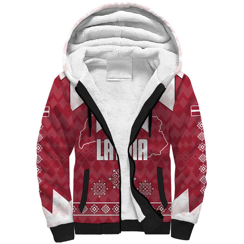 Latvia Sherpa Hoodie with National Coat of Arms and Knit Pattern – Three Stars One Heart Design