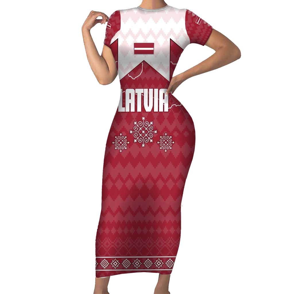 Latvia Short Sleeve Bodycon Dress with National Coat of Arms and Knit Pattern – Three Stars One Heart Design