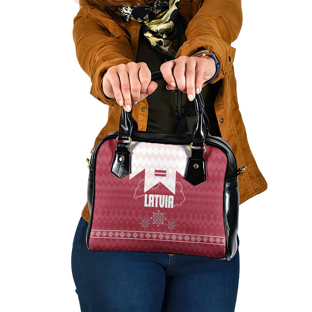 Latvia Shoulder Handbag with National Coat of Arms and Knit Pattern – Three Stars One Heart Design