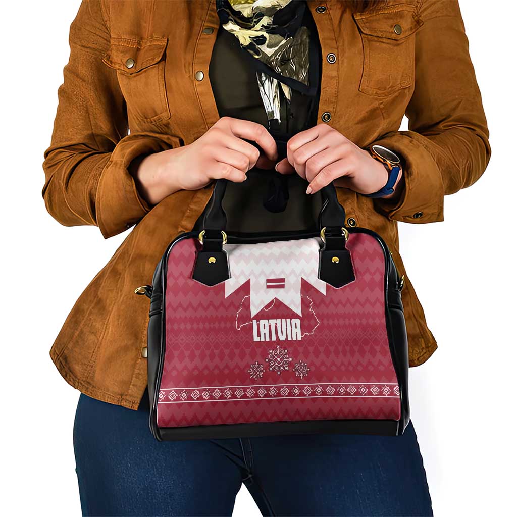 Latvia Shoulder Handbag with National Coat of Arms and Knit Pattern – Three Stars One Heart Design