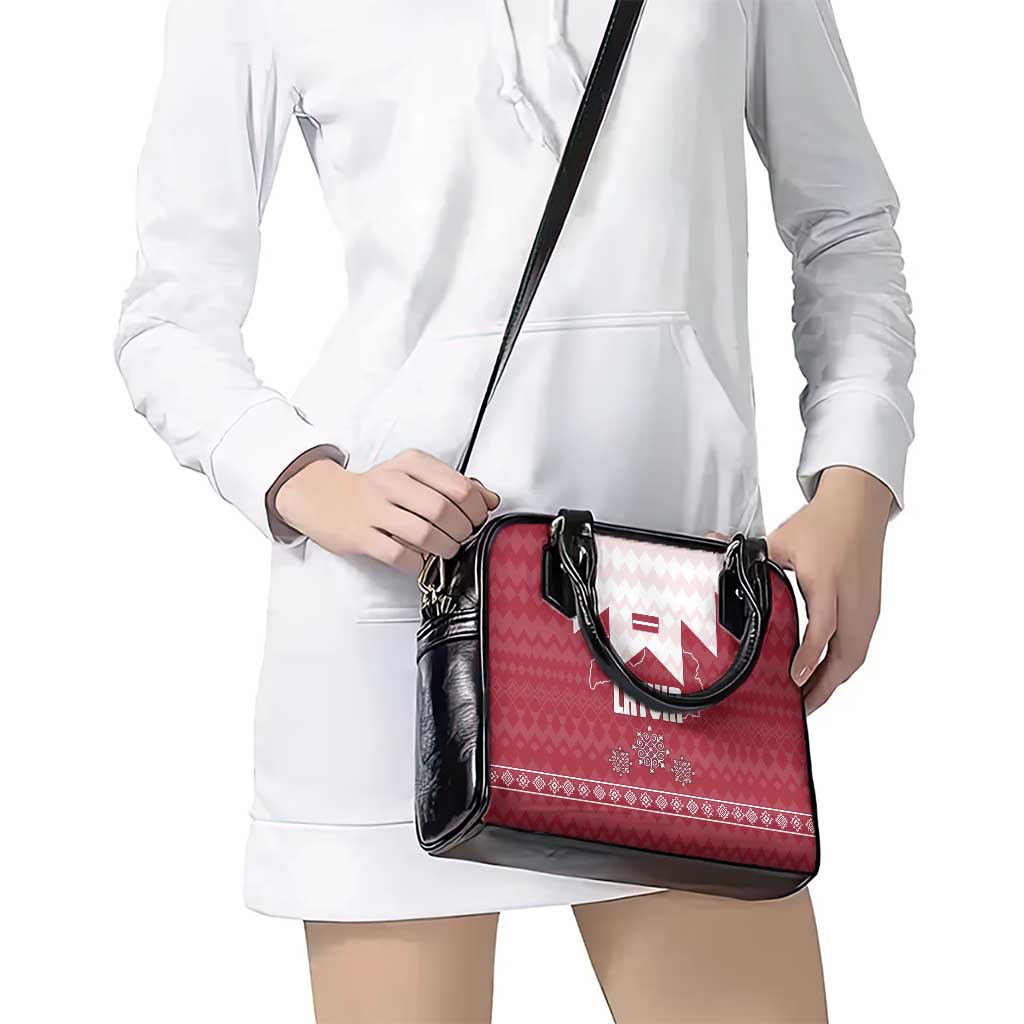 Latvia Shoulder Handbag with National Coat of Arms and Knit Pattern – Three Stars One Heart Design