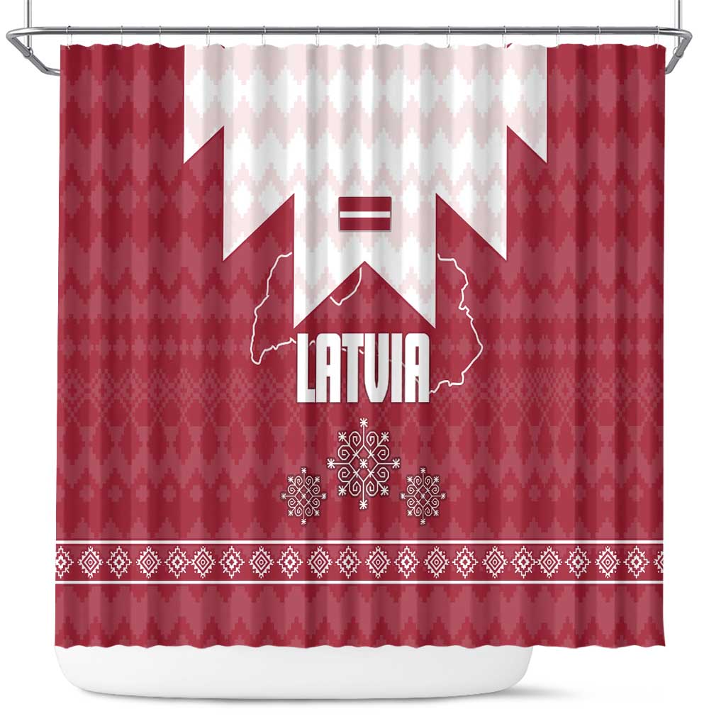 Latvia Shower Curtain with National Coat of Arms and Knit Pattern – Three Stars One Heart Design