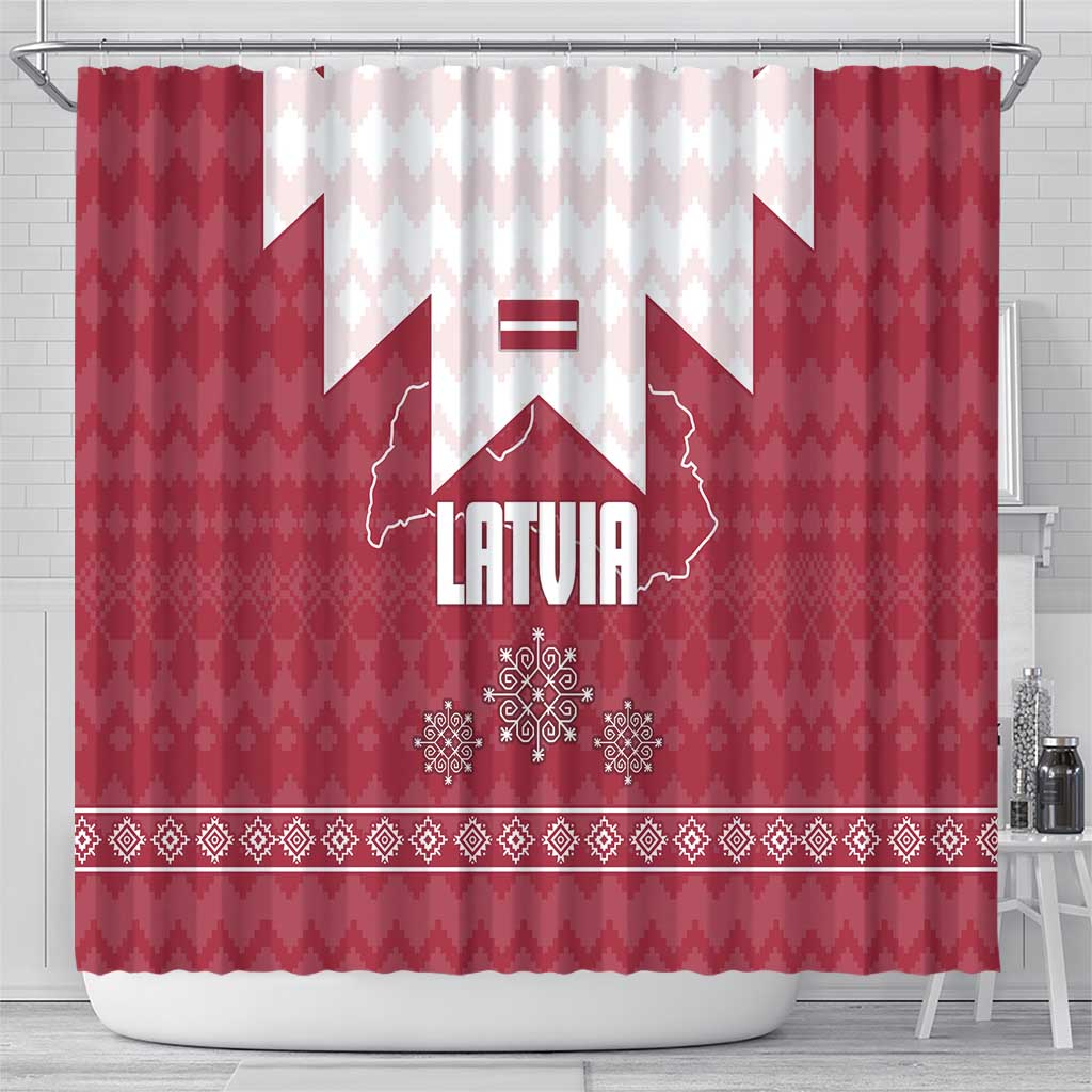Latvia Shower Curtain with National Coat of Arms and Knit Pattern – Three Stars One Heart Design