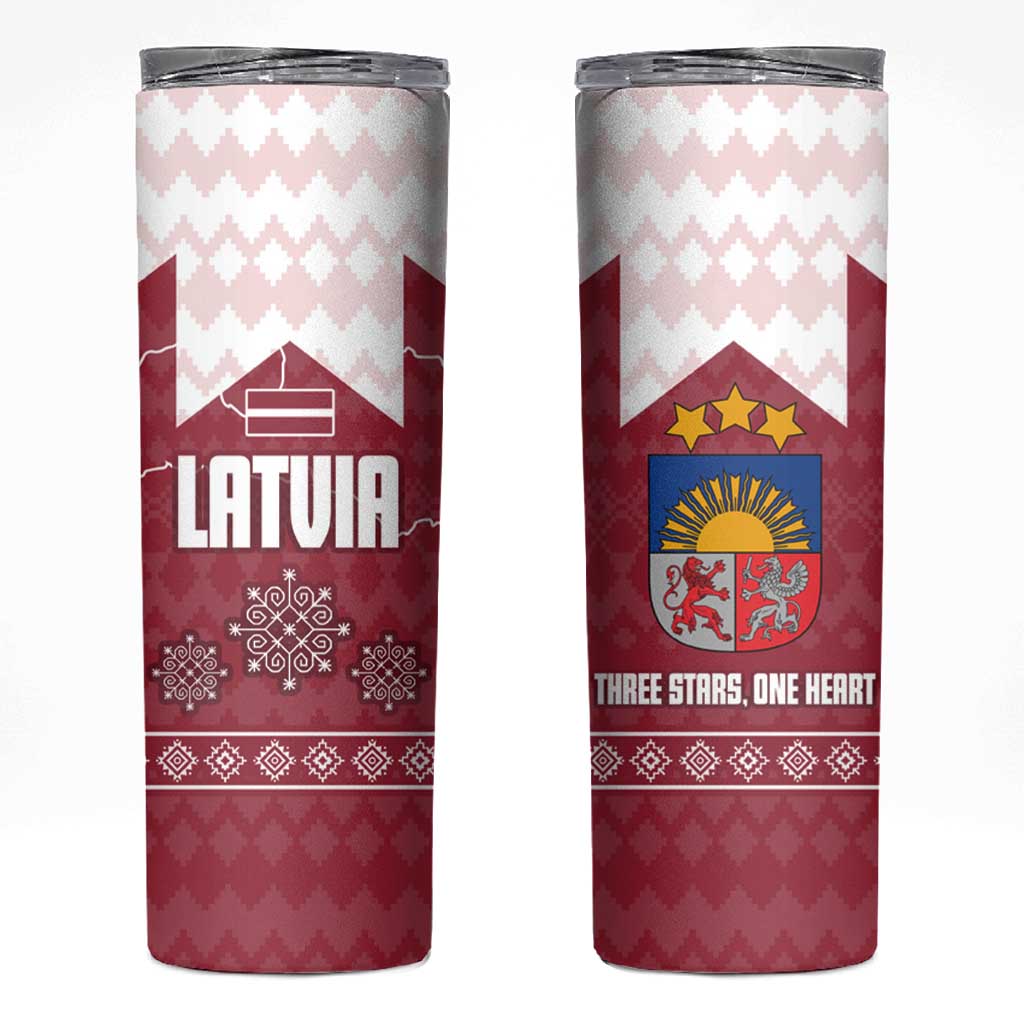 Latvia Skinny Tumbler with National Coat of Arms and Knit Pattern – Three Stars One Heart Design