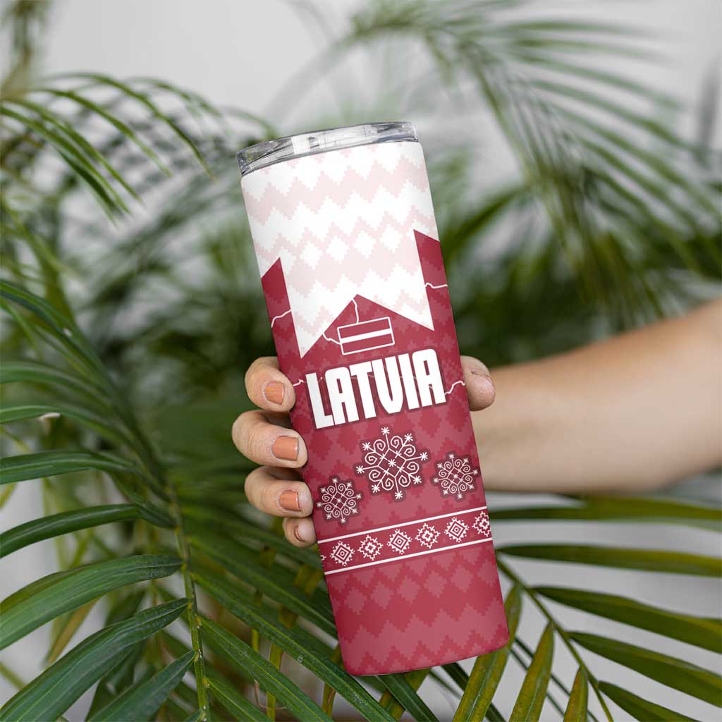 Latvia Skinny Tumbler with National Coat of Arms and Knit Pattern – Three Stars One Heart Design