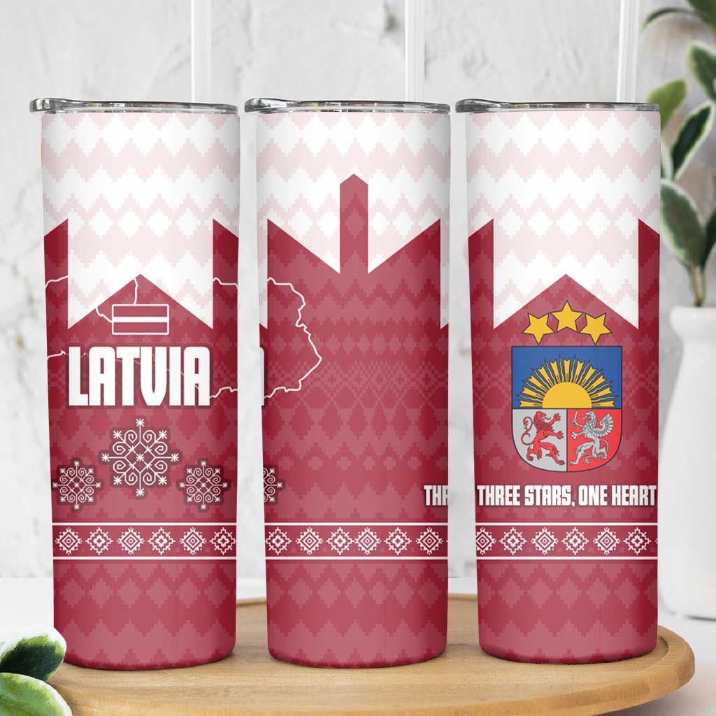 Latvia Skinny Tumbler with National Coat of Arms and Knit Pattern – Three Stars One Heart Design