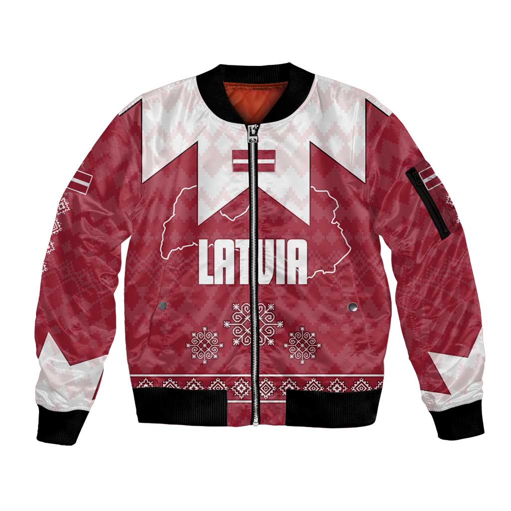 Latvia Sleeve Zip Bomber Jacket with National Coat of Arms and Knit Pattern – Three Stars One Heart Design