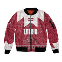 Latvia Sleeve Zip Bomber Jacket with National Coat of Arms and Knit Pattern – Three Stars One Heart Design