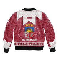 Latvia Sleeve Zip Bomber Jacket with National Coat of Arms and Knit Pattern – Three Stars One Heart Design