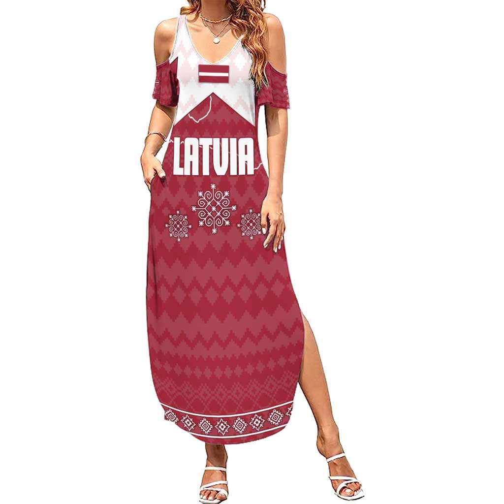 Latvia Summer Maxi Dress with National Coat of Arms and Knit Pattern – Three Stars One Heart Design