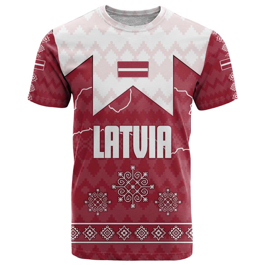 Latvia T Shirt with National Coat of Arms and Knit Pattern – Three Stars One Heart Design