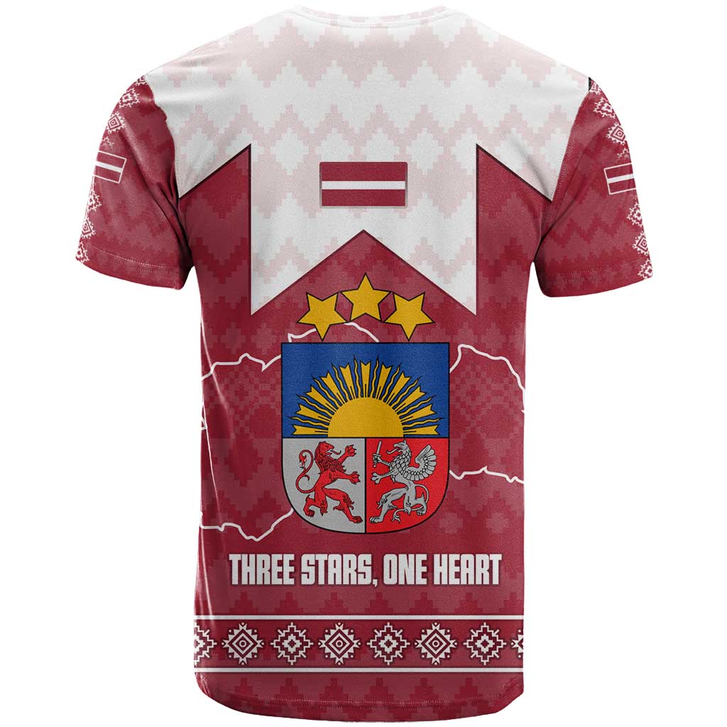 Latvia T Shirt with National Coat of Arms and Knit Pattern – Three Stars One Heart Design