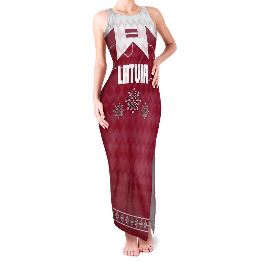 Latvia Tank Maxi Dress with National Coat of Arms and Knit Pattern – Three Stars One Heart Design