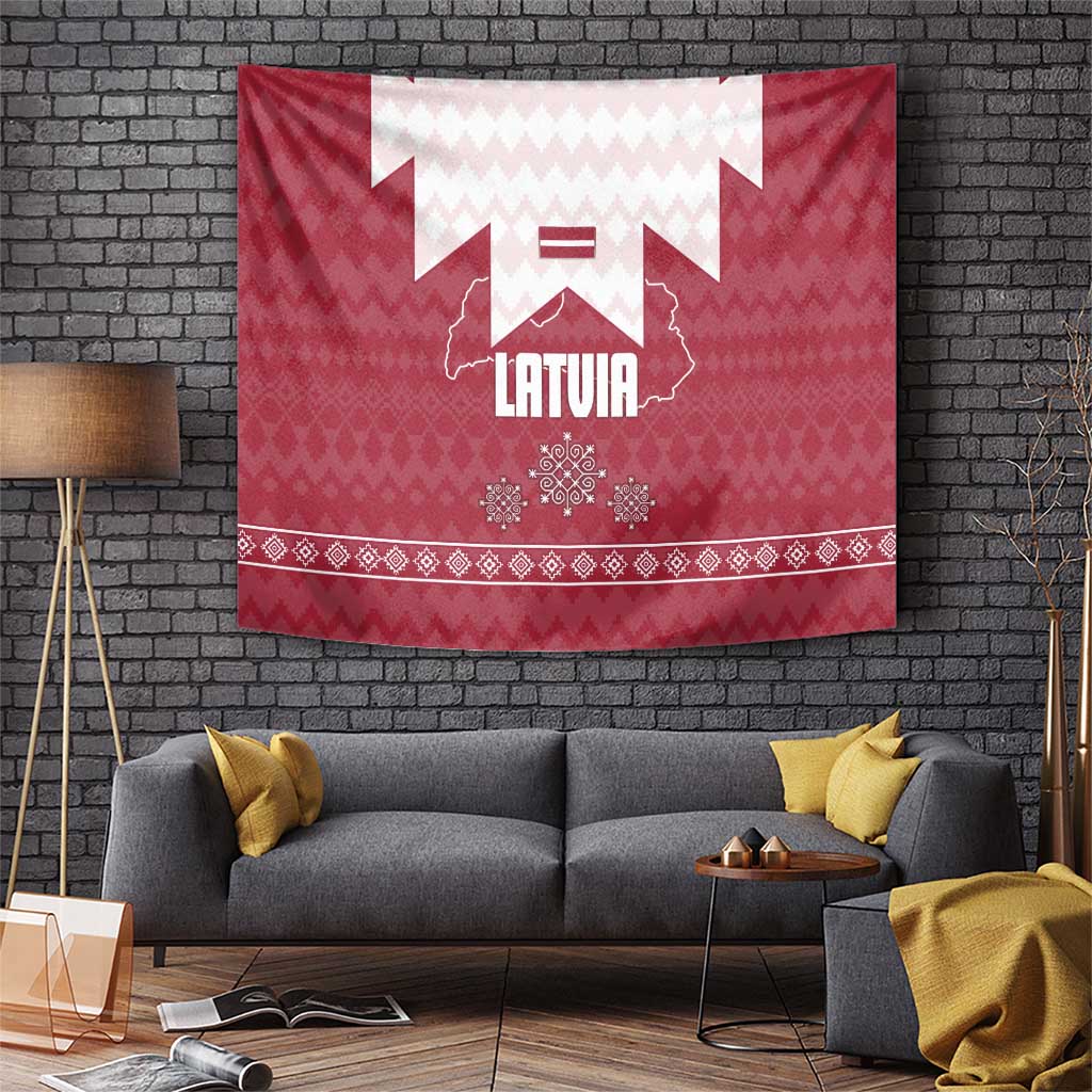 Latvia Tapestry with National Coat of Arms and Knit Pattern – Three Stars One Heart Design