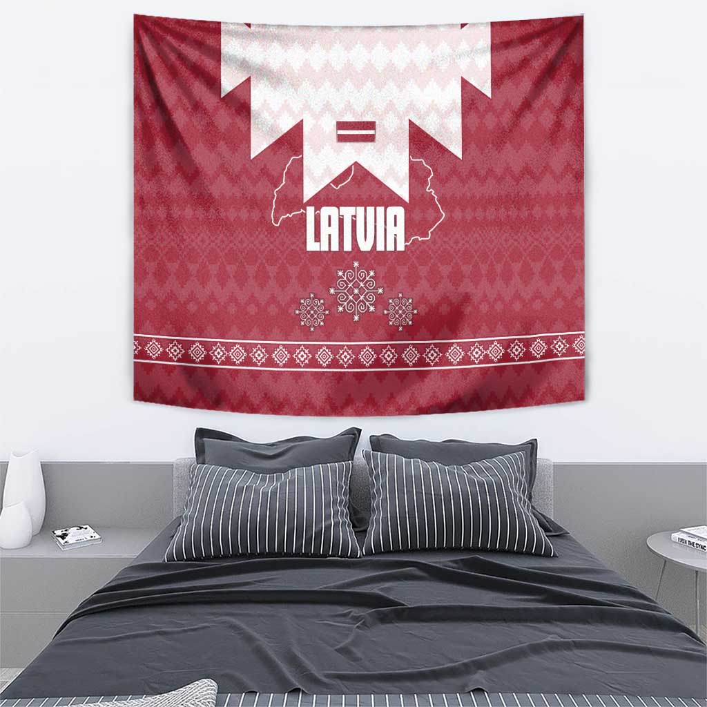 Latvia Tapestry with National Coat of Arms and Knit Pattern – Three Stars One Heart Design