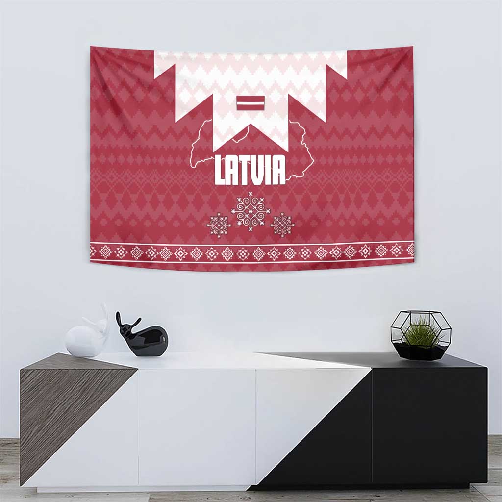 Latvia Tapestry with National Coat of Arms and Knit Pattern – Three Stars One Heart Design