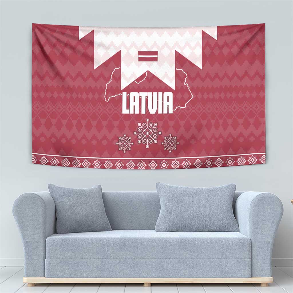 Latvia Tapestry with National Coat of Arms and Knit Pattern – Three Stars One Heart Design