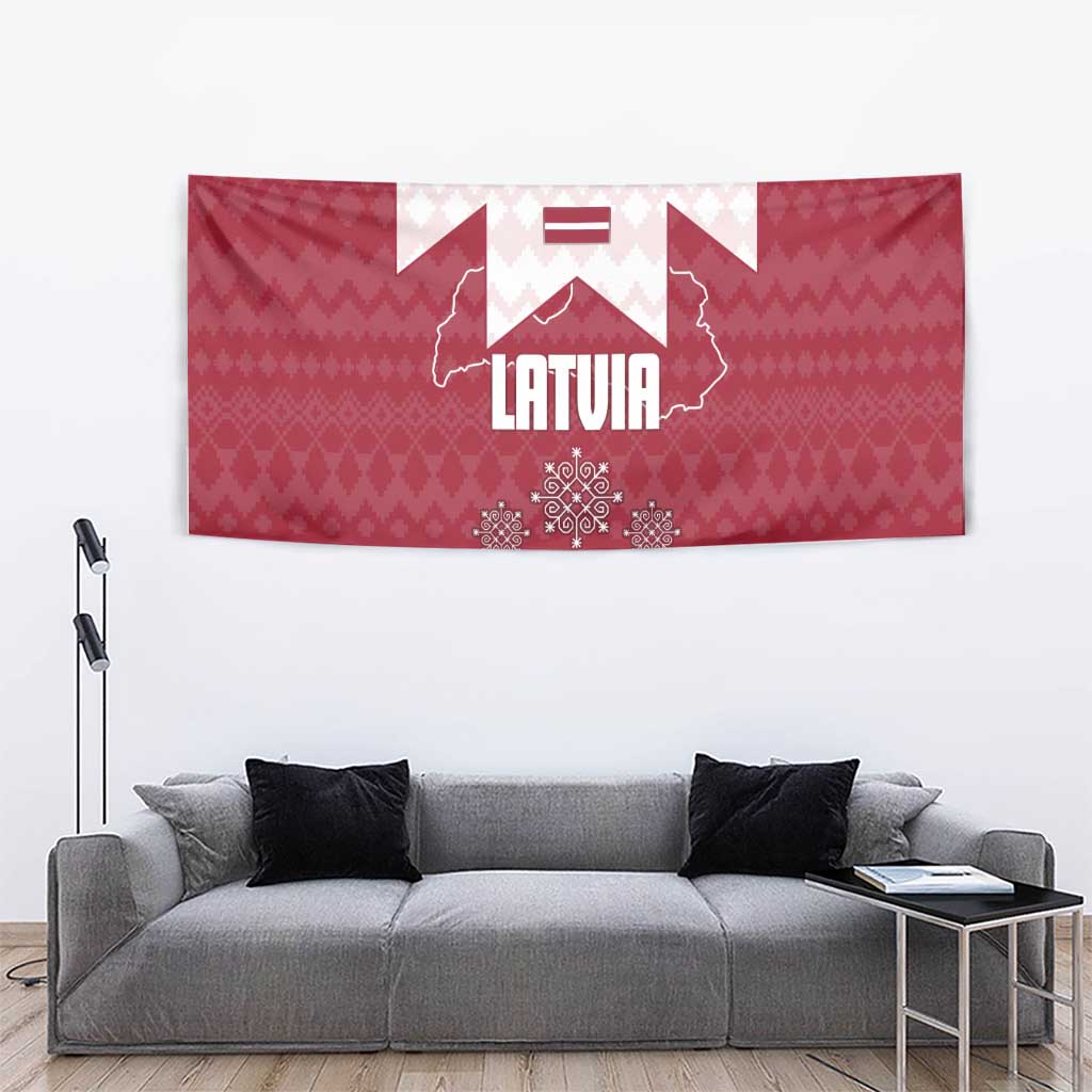 Latvia Tapestry with National Coat of Arms and Knit Pattern – Three Stars One Heart Design