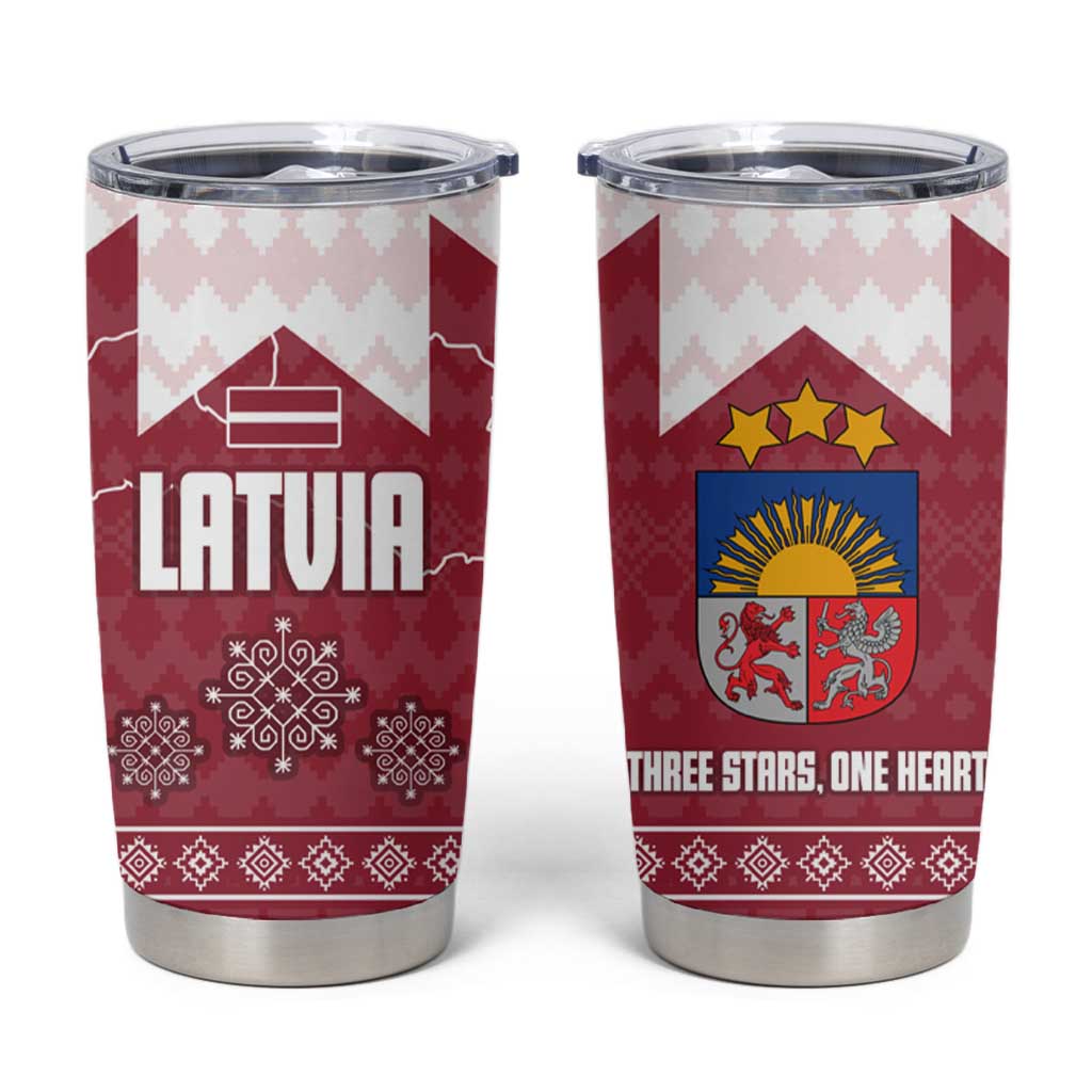 Latvia Tumbler Cup with National Coat of Arms and Knit Pattern – Three Stars One Heart Design