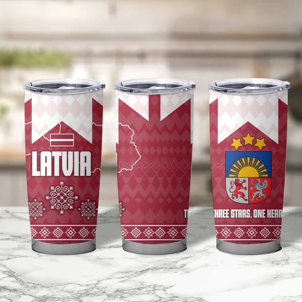 Latvia Tumbler Cup with National Coat of Arms and Knit Pattern – Three Stars One Heart Design