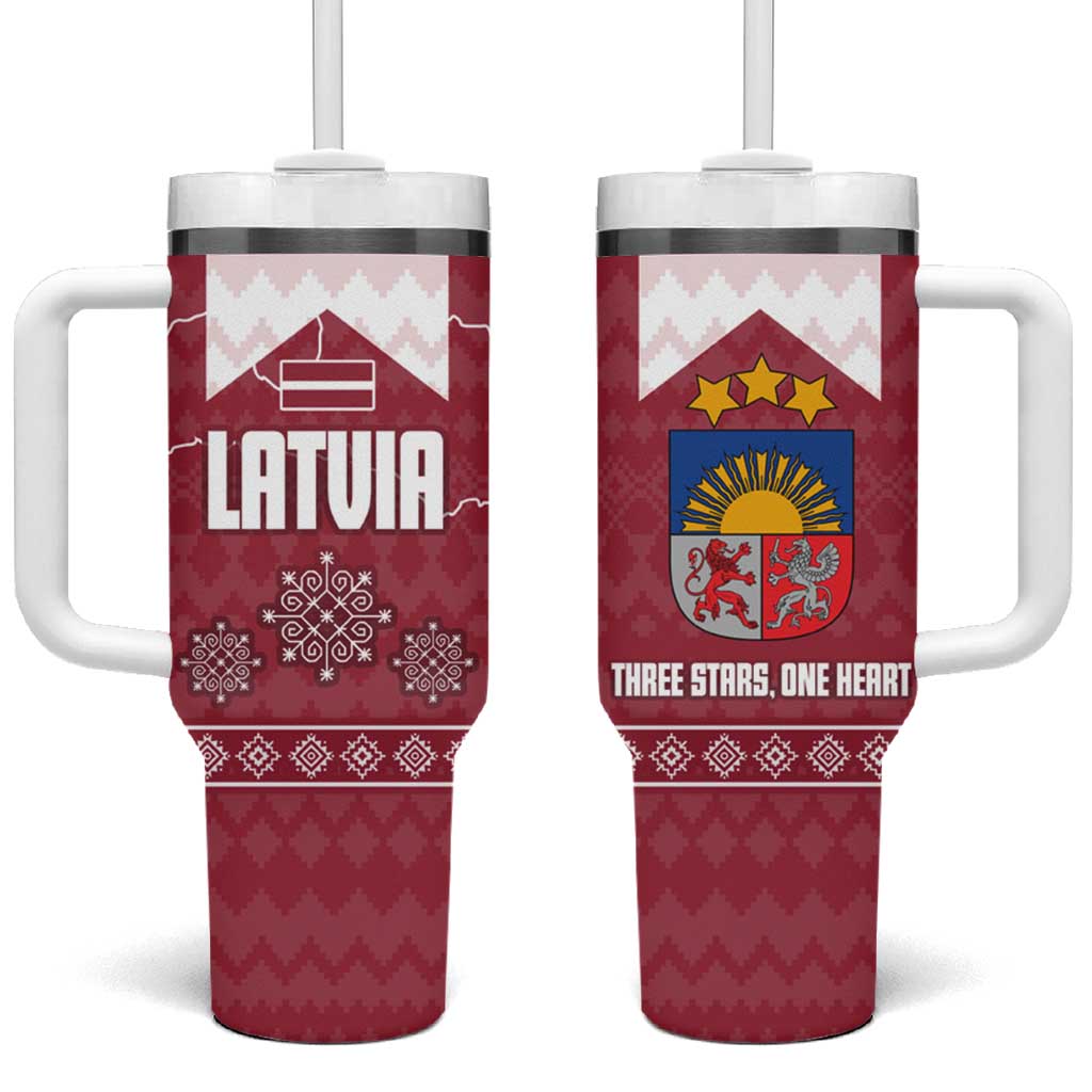 Latvia Tumbler With Handle with National Coat of Arms and Knit Pattern – Three Stars One Heart Design