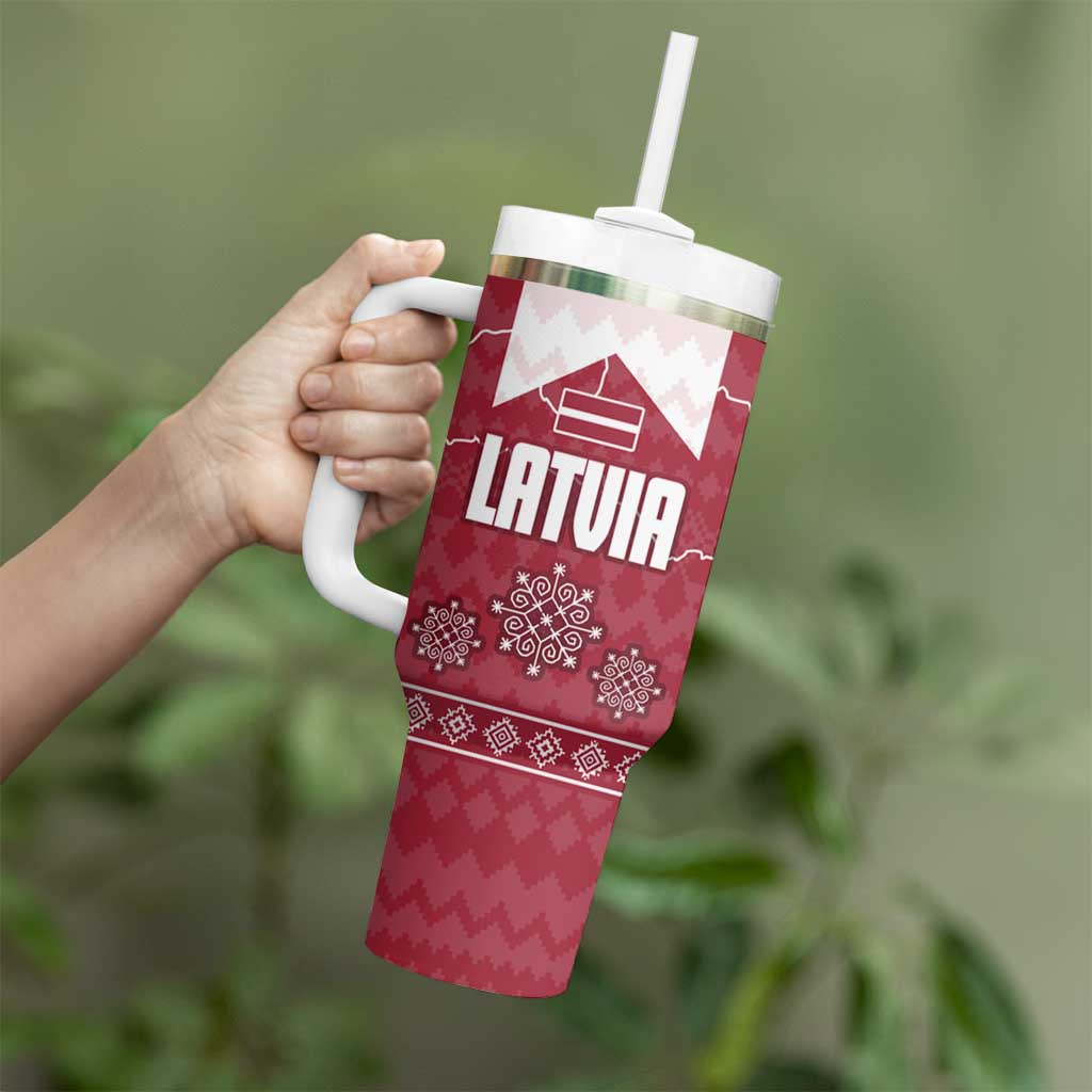 Latvia Tumbler With Handle with National Coat of Arms and Knit Pattern – Three Stars One Heart Design