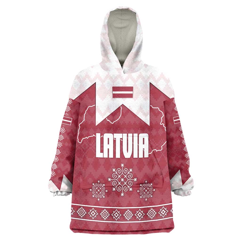 Latvia Wearable Blanket Hoodie with National Coat of Arms and Knit Pattern – Three Stars One Heart Design