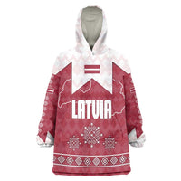 Latvia Wearable Blanket Hoodie with National Coat of Arms and Knit Pattern – Three Stars One Heart Design