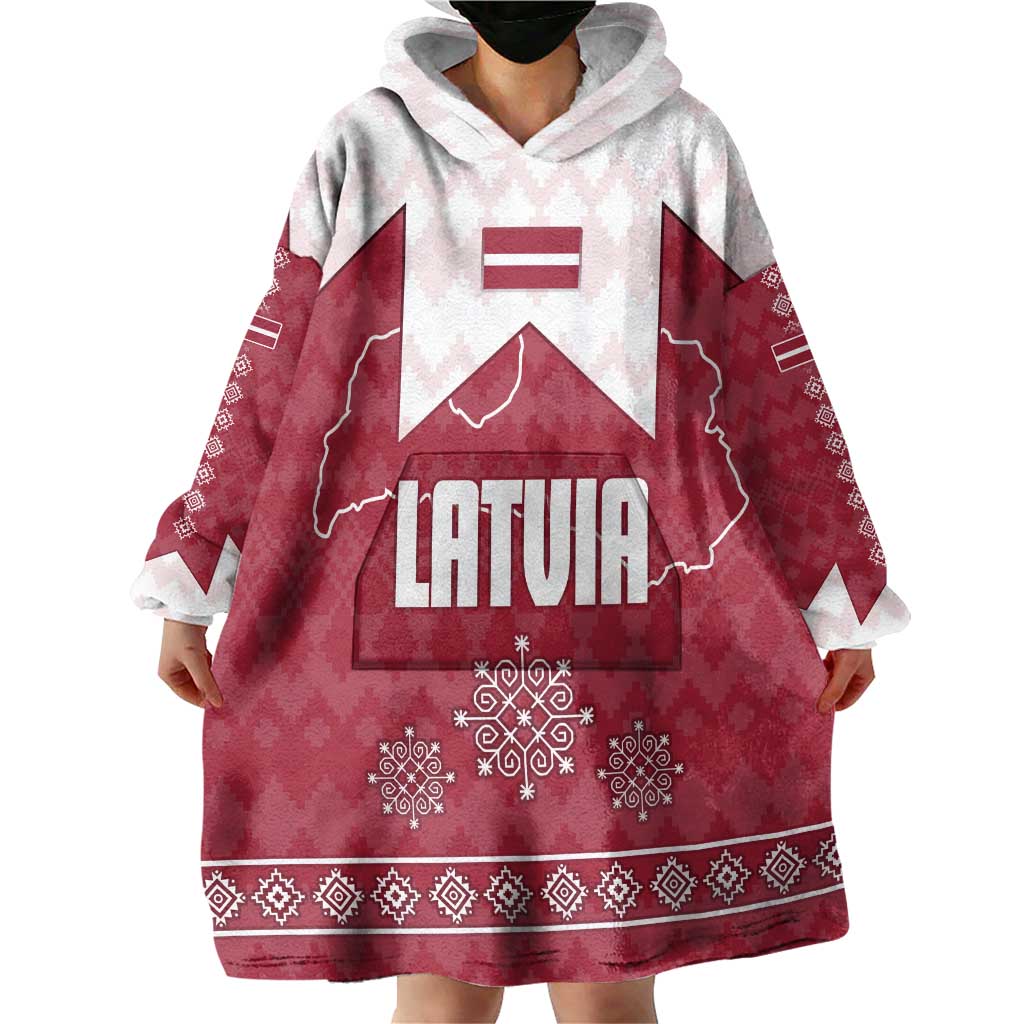 Latvia Wearable Blanket Hoodie with National Coat of Arms and Knit Pattern – Three Stars One Heart Design