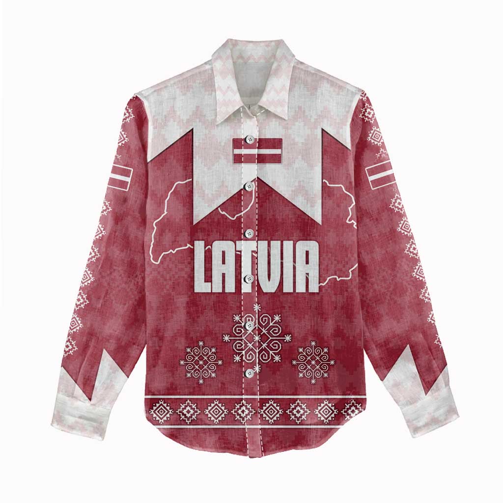 Latvia Women Casual Shirt with National Coat of Arms and Knit Pattern – Three Stars One Heart Design
