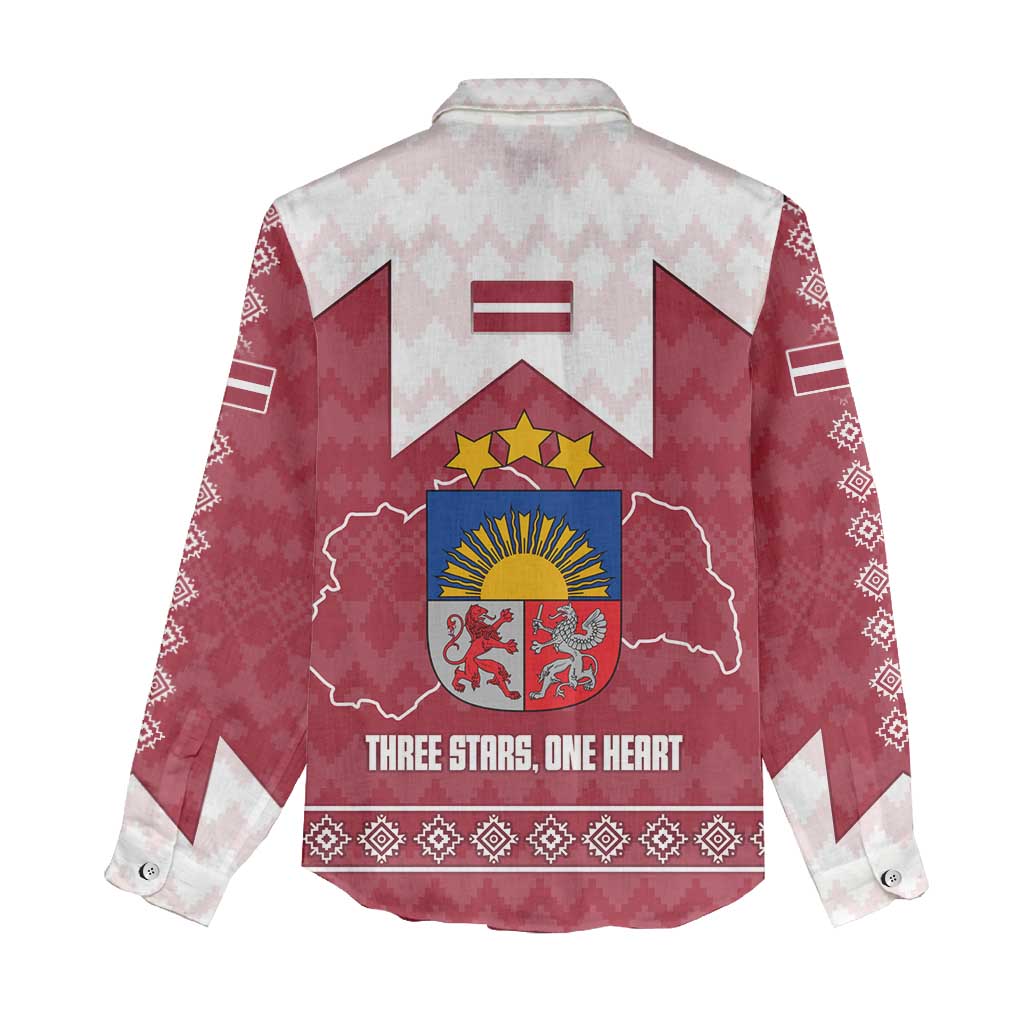 Latvia Women Casual Shirt with National Coat of Arms and Knit Pattern – Three Stars One Heart Design