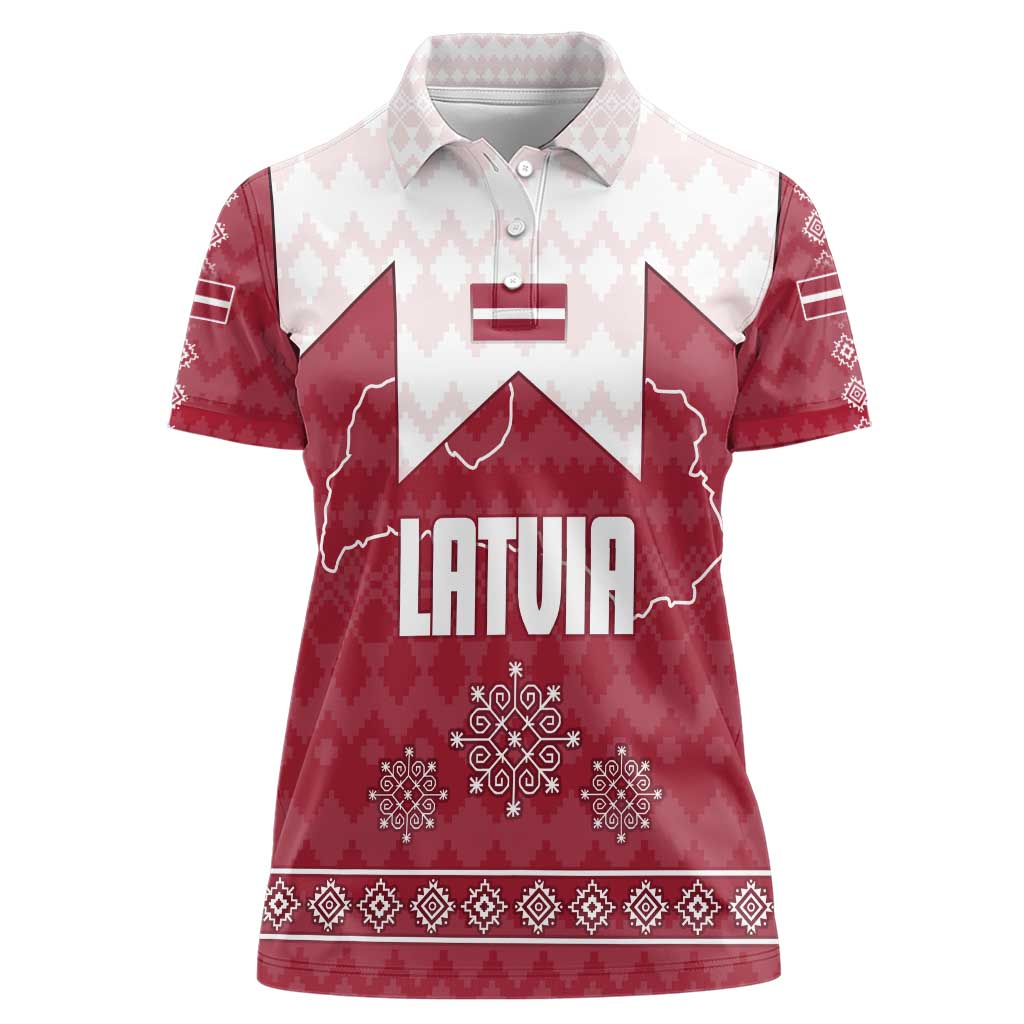 Latvia Women Polo Shirt with National Coat of Arms and Knit Pattern – Three Stars One Heart Design