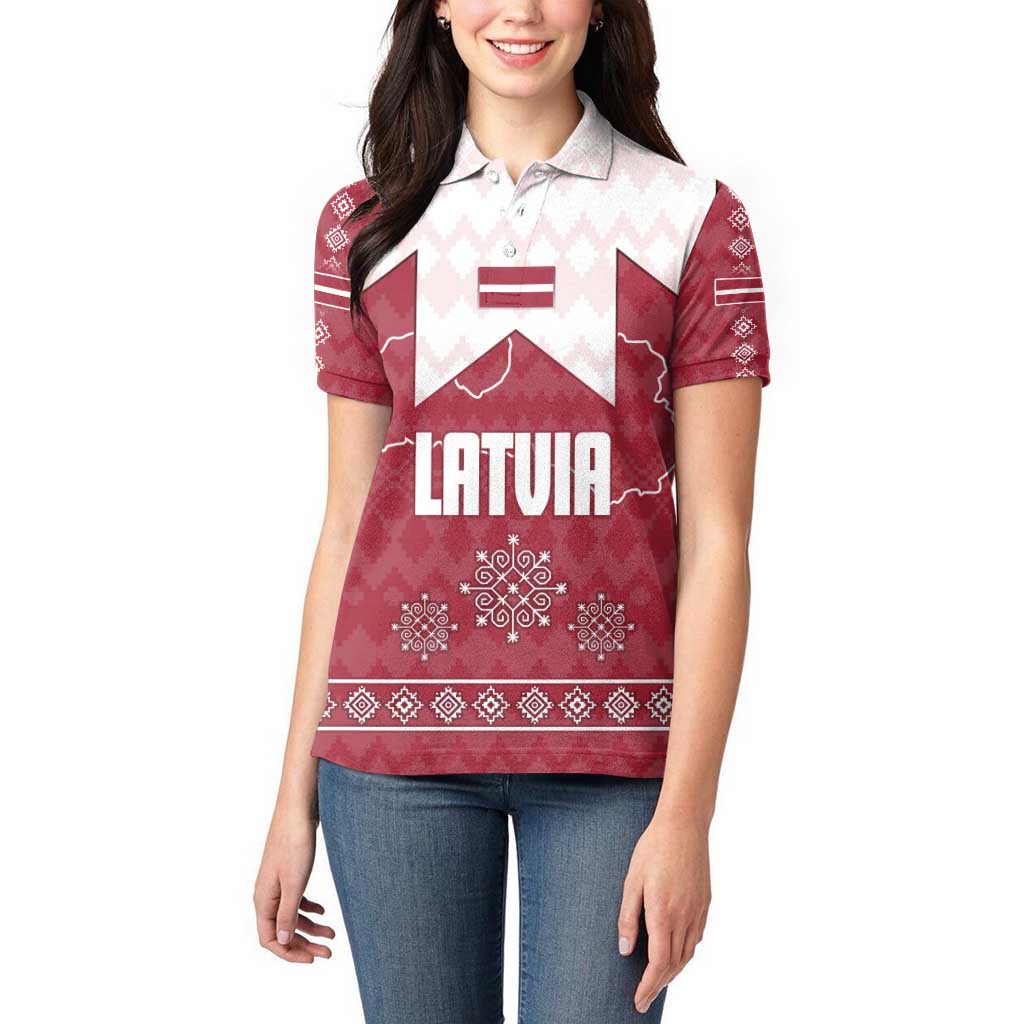 Latvia Women Polo Shirt with National Coat of Arms and Knit Pattern – Three Stars One Heart Design
