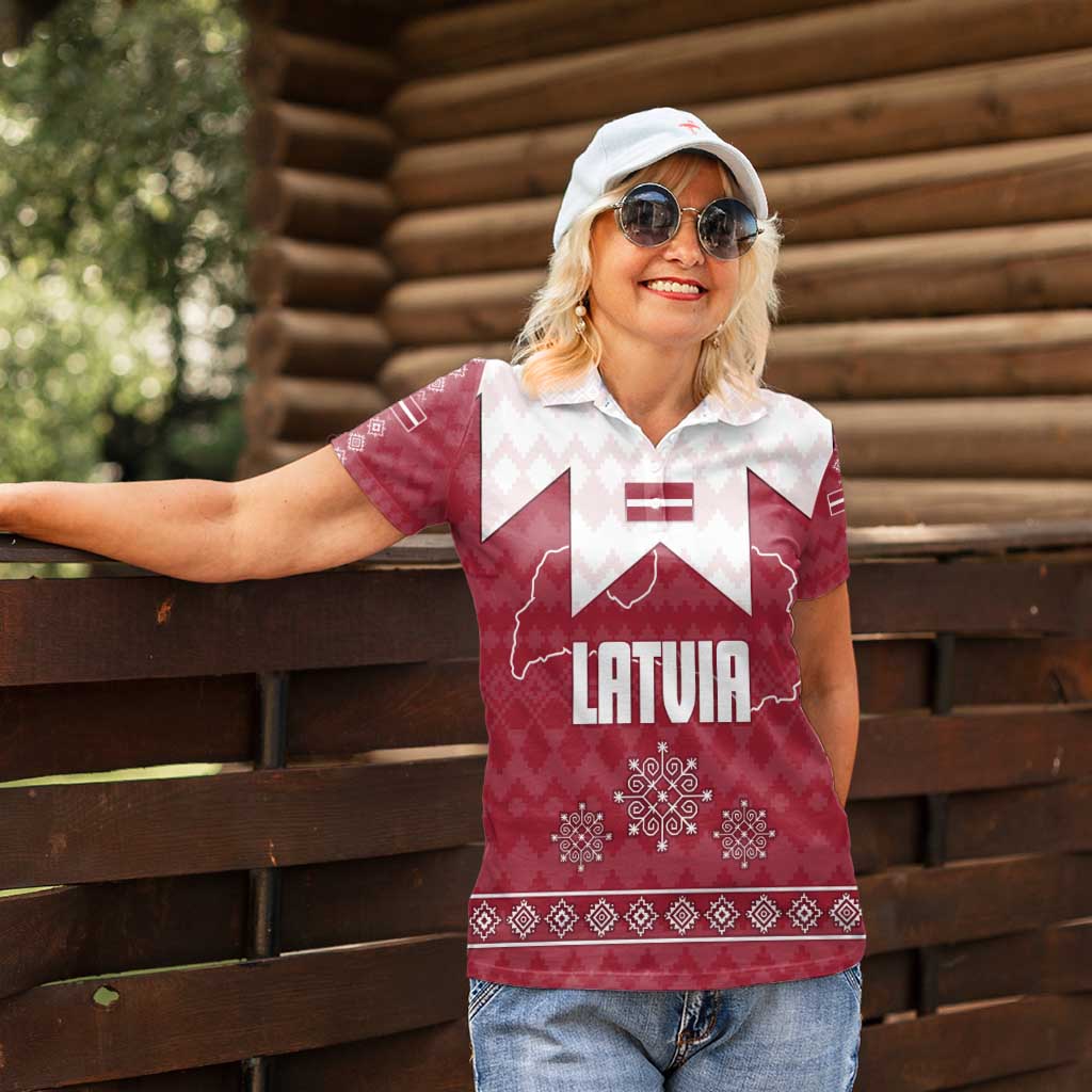 Latvia Women Polo Shirt with National Coat of Arms and Knit Pattern – Three Stars One Heart Design