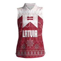 Latvia Women Sleeveless Polo Shirt with National Coat of Arms and Knit Pattern – Three Stars One Heart Design