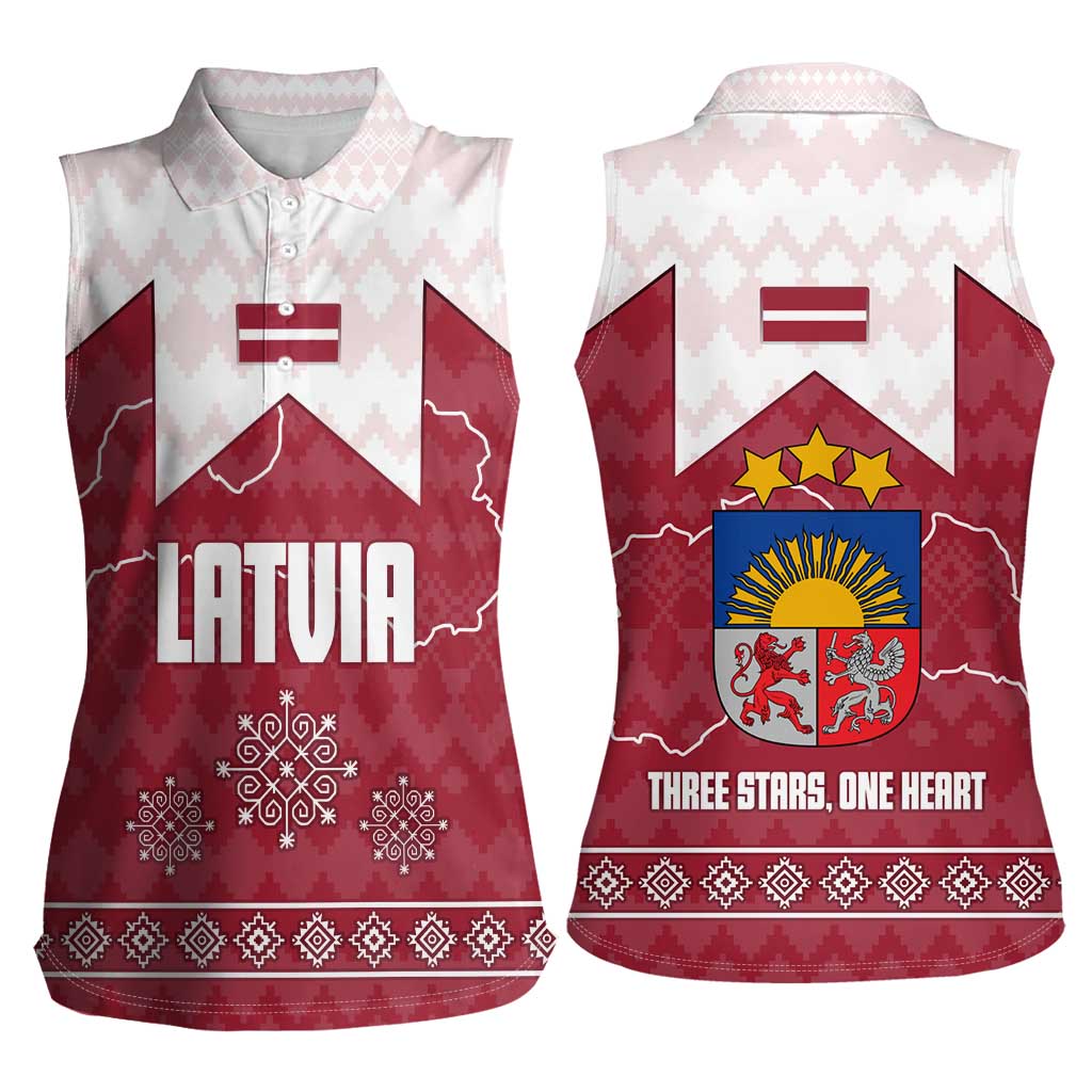 Latvia Women Sleeveless Polo Shirt with National Coat of Arms and Knit Pattern – Three Stars One Heart Design