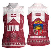 Latvia Women Sleeveless Polo Shirt with National Coat of Arms and Knit Pattern – Three Stars One Heart Design