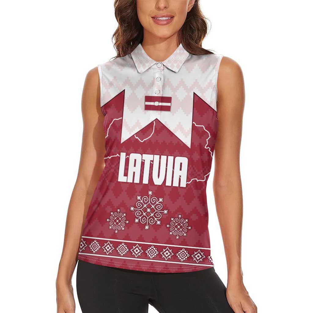 Latvia Women Sleeveless Polo Shirt with National Coat of Arms and Knit Pattern – Three Stars One Heart Design